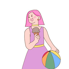 young girl eating ice-cream   and playing balloon on beach, summer event