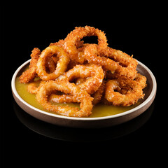 Squid rings in batter on a black background
