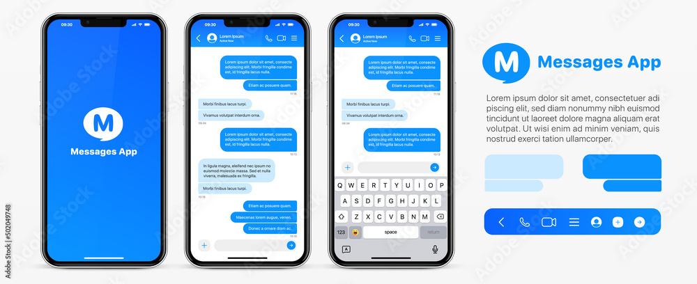 Aufkleber Message smartphone template. Mobile chatting sms app template bubbles. Message bubbles chat on smartphone icons. Phone chatting sms template bubbles. Isolated smartphone mockup. Stock vector.