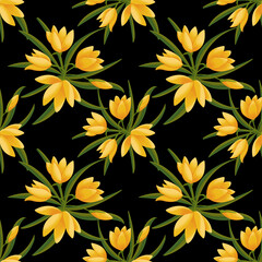 Yellow flowers . Flower bush. Seamless pattern on a black background.