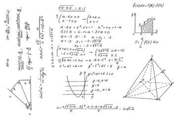 Mathematical equations, arithmetic calculations, graphs, symbols,  proof and scientific research in the field of algebra and geometry. Vector background
