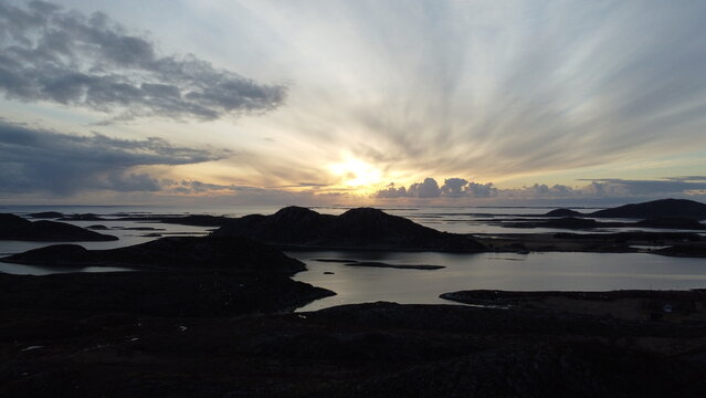 sunset over parts of the massive archipelago on the heroy island in nordland, northern Norway