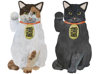 右手を上げる招き猫風猫セット