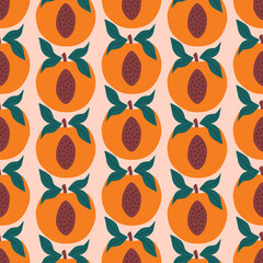 Juicy orange peach with green leaf and bone hand drawn vector illustration. Tropical fruit seamless pattern for fabric or wallpaper.