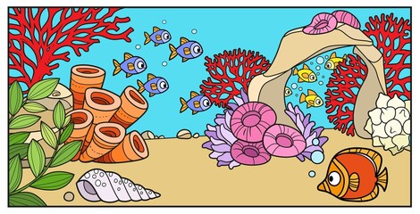 Small sea fishes and one big fish on the background of the seabed with stones, anemones and algae color variation for coloring page