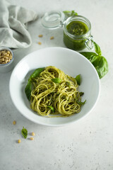 Traditional spaghetti with pesto sauce