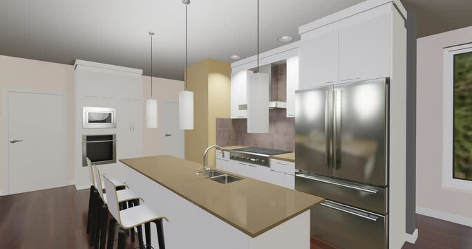 Establishing shot of modern, bright, clean empty kitchen interior with stainless steel appliances in a luxury house in Vancouver, Canada, North America. Day time on March 2022. ProRes 422 HQ.