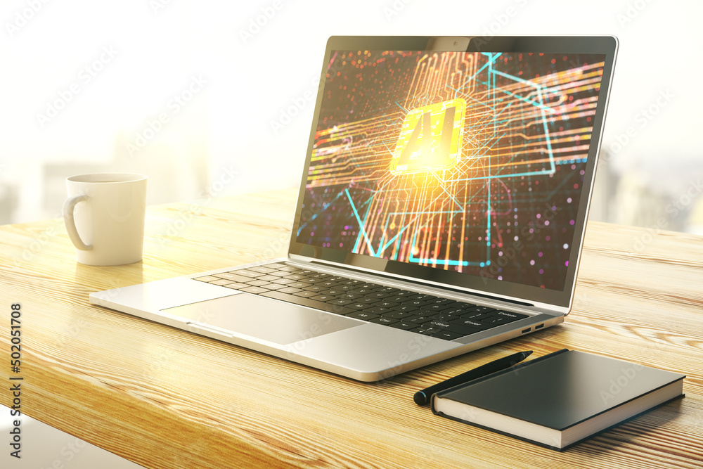 Fototapete modern computer monitor with creative artificial intelligence icon. neural networks and machine lear