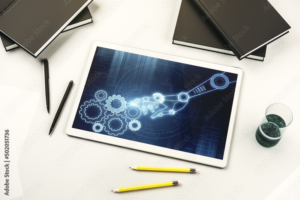 Aufkleber Creative abstract robotics technology hologram on modern digital tablet display, artificial intelligence and machine learning concept. Top view. 3D Rendering