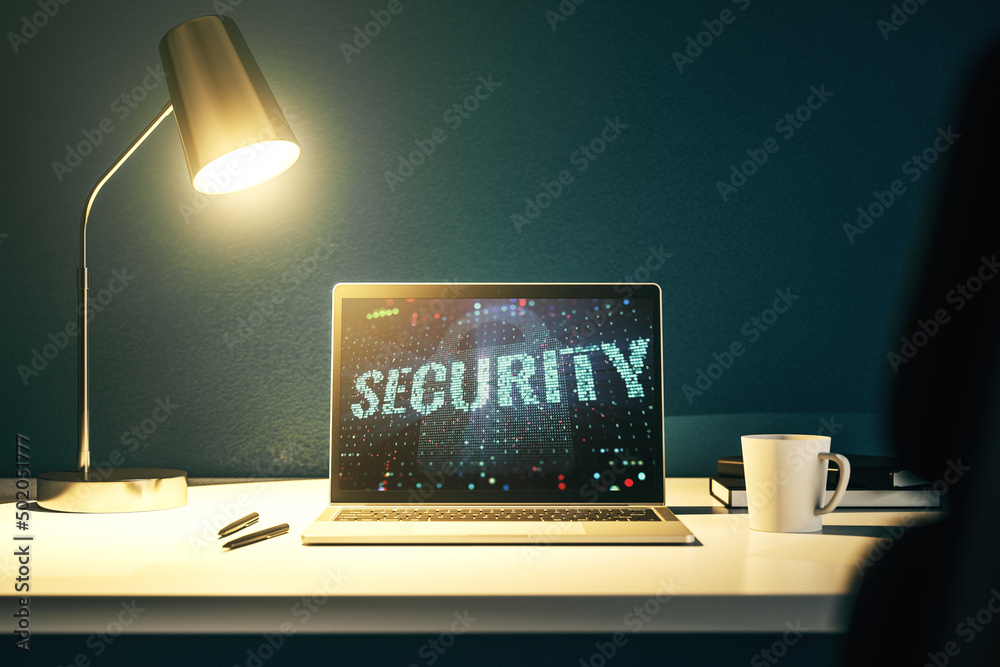 Poster cyber security creative concept on modern laptop monitor. 3d rendering