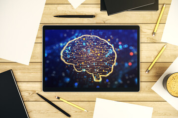 Top view of modern digital tablet monitor with creative artificial Intelligence symbol. Neural networks and machine learning concept. 3D Rendering