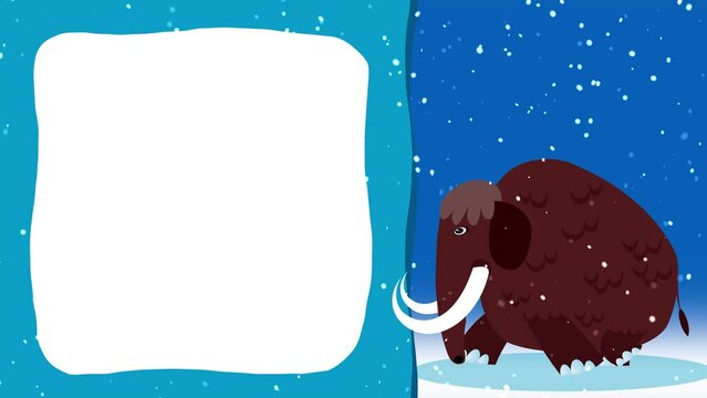 Cartoon character mammoth prehistoric animal walking loop animation for titles. Blue white frame and snowflakes. Good for fairy tales, illustration, etc... Cute intro frame included, seamless loop. 