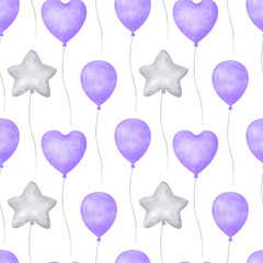 seamless pattern with  purple very peri balloons. Watercolor balloons on a white background. Romantic print for festive fabric, paper, textiles, scrapbooking, baby shower, birthday