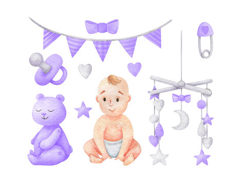  purple very peri set of baby birth clip art, a sitting newborn boy in a diaper, pacifier,crib mobile, a decorative garland, flags, a pin, a teddy bear toy. Cute watercolor illustrations baby shower