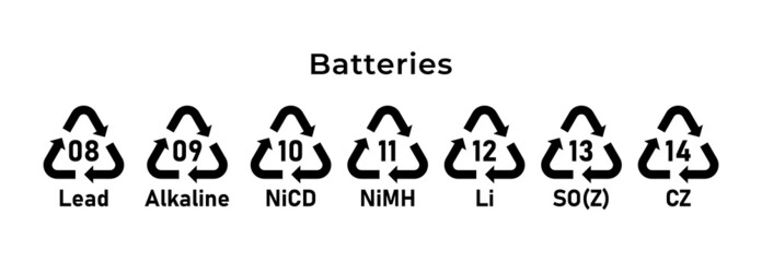 Recycling batteries mark. Ecological recycling codes. Zero waste. Vector illustration. Set of line icons editable stroke. - obrazy, fototapety, plakaty