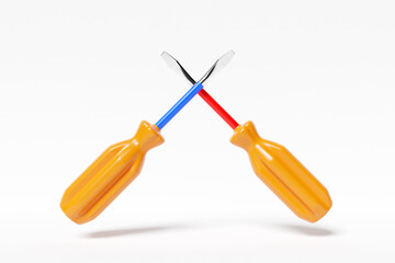 3D illustration of a screwdriver with a yellow handle in cartoon style on a white isolated background. Hand carpentry tool for DIY shop.