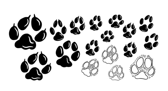 Cat or dog paws. Pet footprint. Step shape. Hand drawn vector sole silhouette in doodle. Volumetric paw and in wool.Vector illustration.