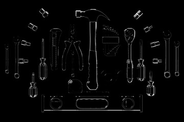 Construction tool shop service concept. Black set of all tools for home repair builder on a monocrome background. 3d illustration