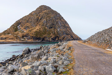 Old gravel road at Uttakleiv in Lofoten Islands. Norway.