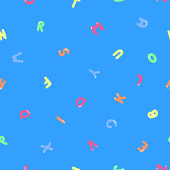 Childish seamless pattern with colorful doodle letters. Fun repeatable blue alphabet background - drawing design