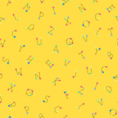 Colorful seamless vector alphabet pattern. Repeatable yellow trendy background with letters. Fun vibrant print