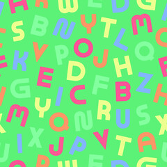 Vector seamless alphabet pattern with colorful latin letters. Green children repeatable background. Bright textile print