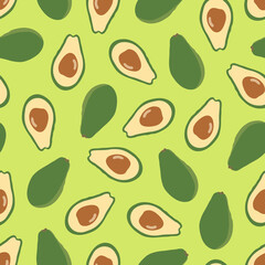 Seamless avocado pattern - hand drawn design. Trendy summer background - bright green cover. Vibrant fruit print. Vector illustration