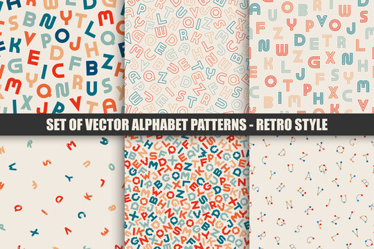 Collection of vector seamless alphabet patterns - retro style. Colorful vintage backgrounds with latin letters. Trendy textile prints