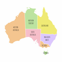 Australia political map with region names. Low detailed. Solid simple style. Pastel colours. Vector editable