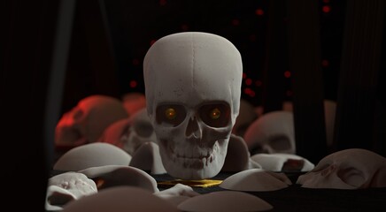 3D rendering. Human skull isolated on the background of other scattered skulls in the dark, front view
