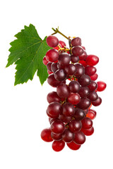Bunch of ripe seedless red grapes with leaf isolated on white background with clipping path.