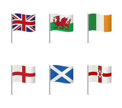 Flag Icons of the British Isles. Britain, Wales, Ireland, England, Scotland, Northern Ireland flags. Vector illustration.