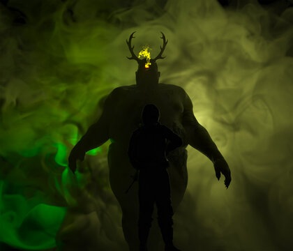 Illustration of a Soldier facing a huge bloated figure with antlers and a glowing cyclopean eye emerging from noxious fog