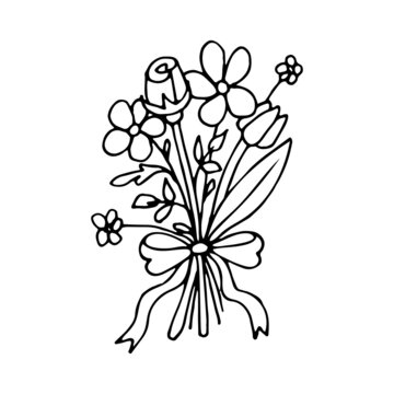 Gift bouquet of flowers line art. Rose daisy flower. Floral present in a package tied with a bow. Hand drawn vector doodle illustration. Outline drawing.