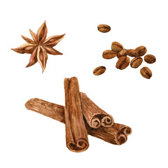 Watercolor Cinnamon, Coffee beans and Star Anice isolated on a white background