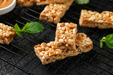 Roasted Peanuts butter Cereal Bars with nuts, oat and honey. Healthy Protein snack