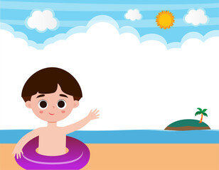 Hello summer banner template of Cute kids and rubber ring on the beach. children cartoon floating on inflatable in the ocean isolated background vector illustration