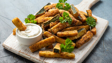 Crispy zucchini fries with sauce in white wooden board