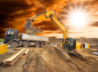 excavator is digging on construction site