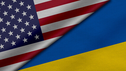 3D Rendering of two flags from United States of America and Ukraine together with fabric texture, bilateral relations, peace and conflict between countries, great for background