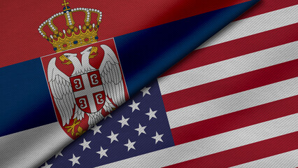 3D Rendering of two flags from republic of serbia and United States of America together with fabric texture, bilateral relations, peace and conflict between countries, great for background