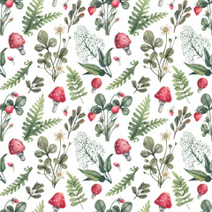Forest pattern with wild strawberry plants, ferns, herbs, mushrooms, fly agaric hand-drawn in watercolor. Wild, forest plants background.