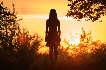 Rear view of young woman in walking alone through dark woods at bright sunset. Nature exploration...