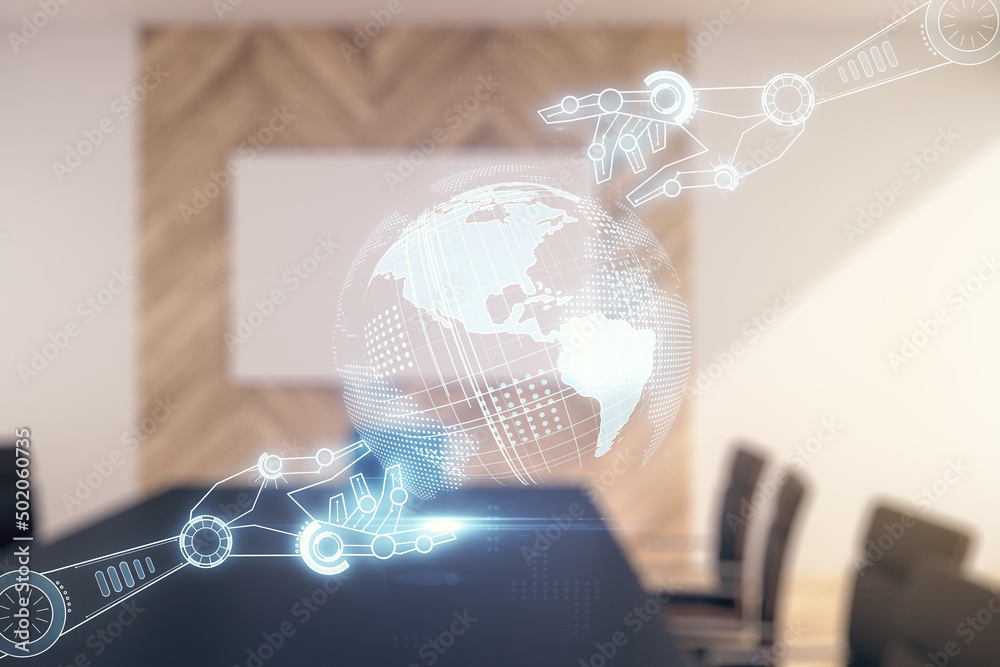 Aufkleber abstract virtual robotics technology hologram with globe on a modern coworking room background, arti