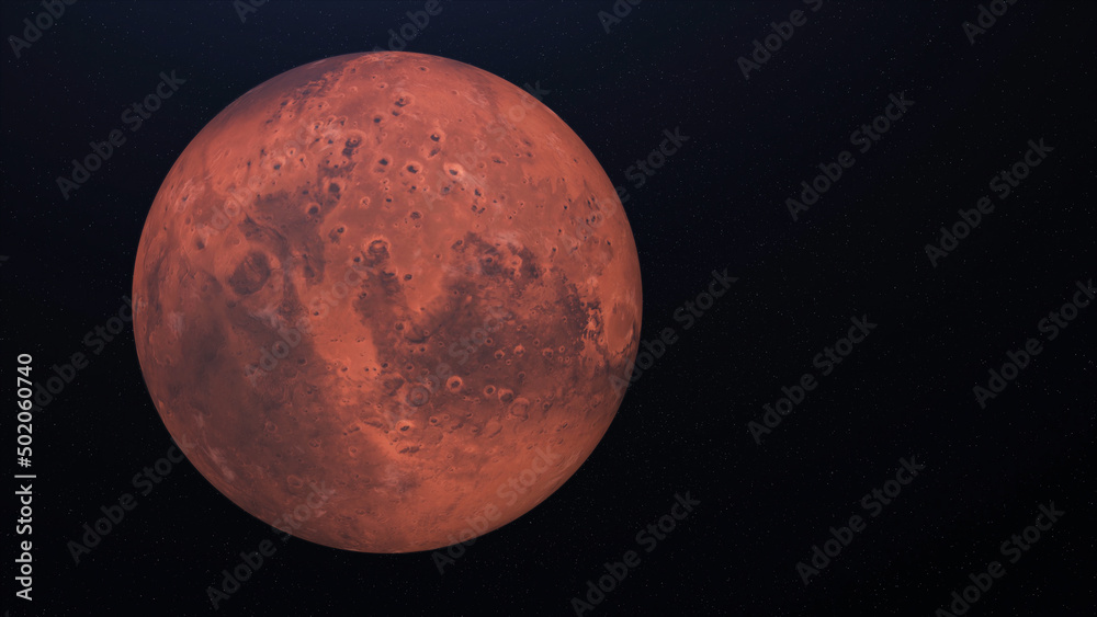 Wall mural abstract realistic beautiful planet mars on deep space background. animation. flight over the mars, 
