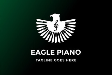 Spread Wings Eagle Hawk with Piano for Music Instrument Logo Design Vector