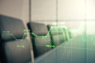 Multi exposure of abstract virtual graphic data spreadsheet sketch on a modern furnished classroom background, analytics and analysis concept