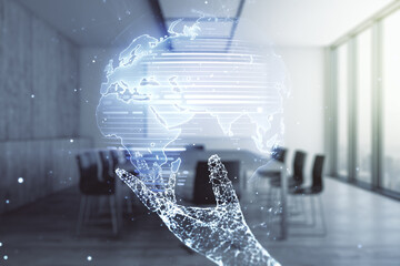 Double exposure of abstract digital world map hologram on a modern boardroom background, big data and blockchain concept