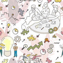 Hand drawn seamless pattern business teamwork concept in cartoon style
