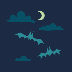 Spooky halloween background with bats and moon, cartoon style.